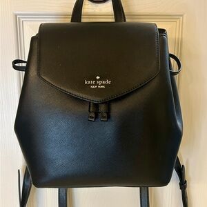 Kate Spade New York Black Flap Drawstring Backpack Adjustable Straps